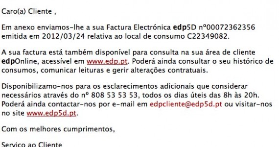 Fraude usa Envio de Fatura Eletrónica da EDP